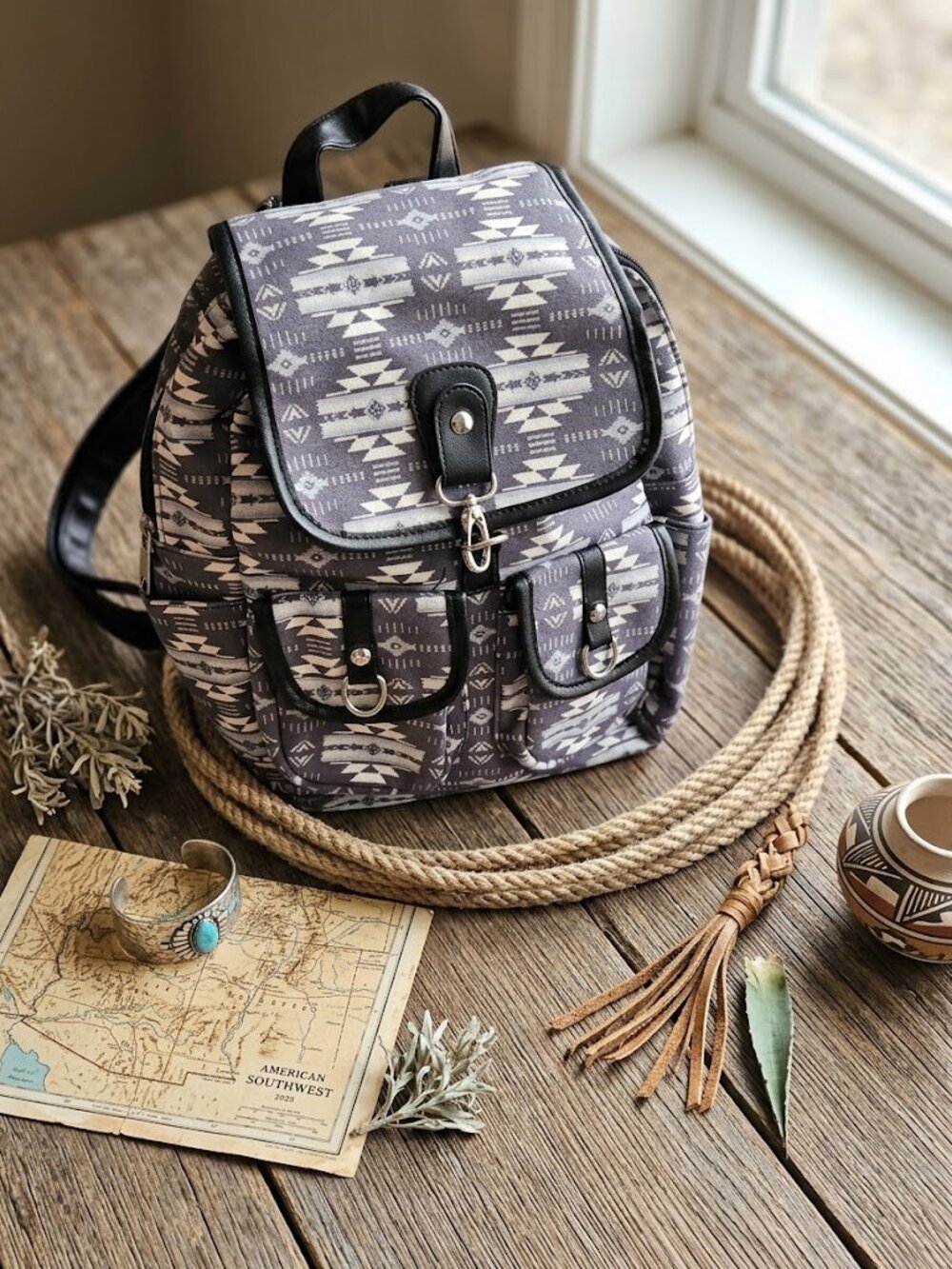 Southwestern Aztec Woven Backpack Black Grey White vegan Leather Trim not used